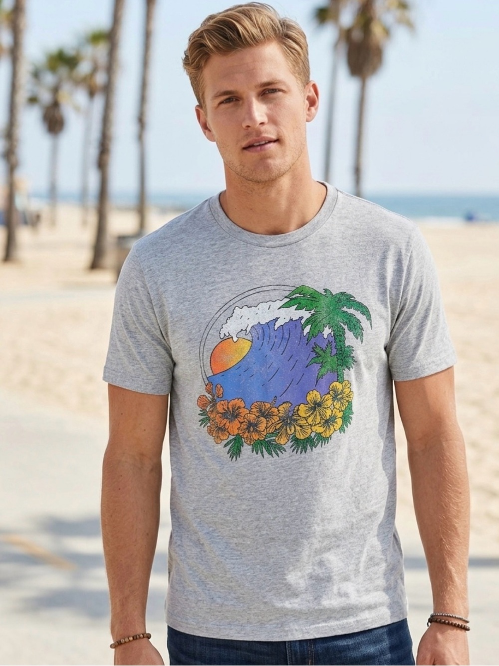 Sonoma Men’s Size M Heather Gray Short Sleeve Tee with Tropical Wave & Hibiscus